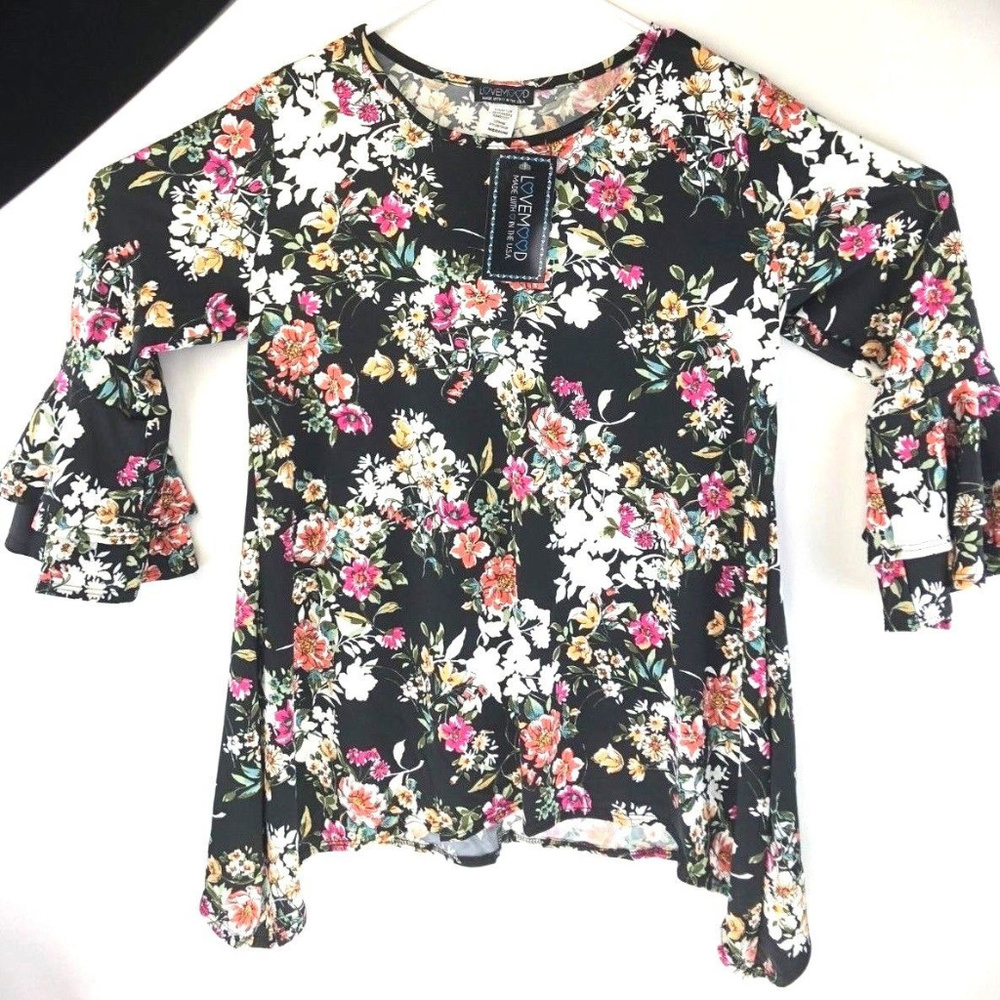 Love Mood Womens Floral Bell Sleeve Blouse Sz M